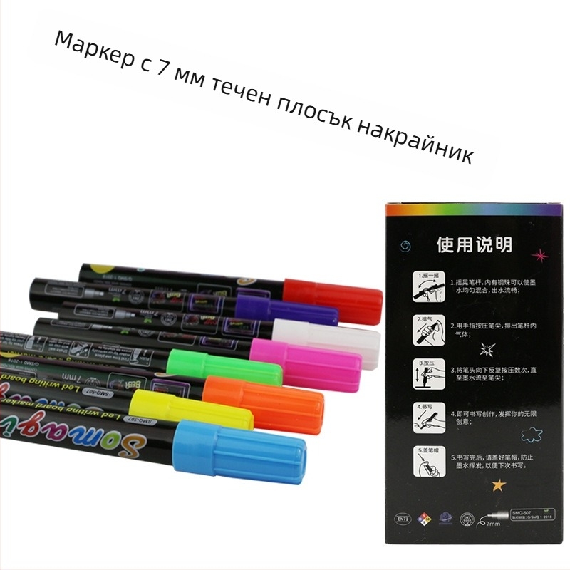 LED писалка за дъска, изтриваща се с водноразтворимо мастило; плосък връх; пластмасов корпус; опакована в кутия; модел tc012