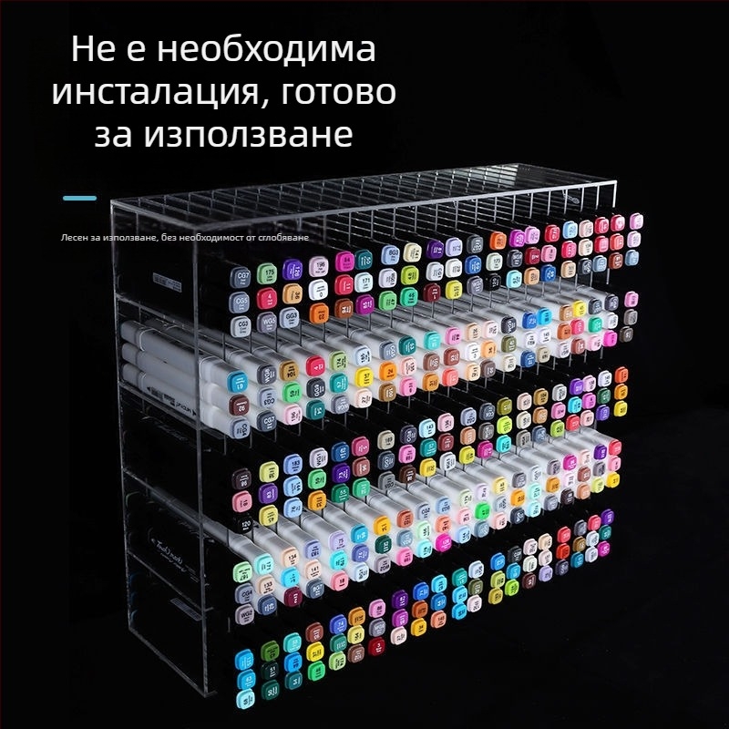 Акрилен държач за моливи и кутия за съхранение – прозрачен корпус, квадратни секции за маркери и моливи; Модел 1; Печат на лого: възможен; Без персонализация