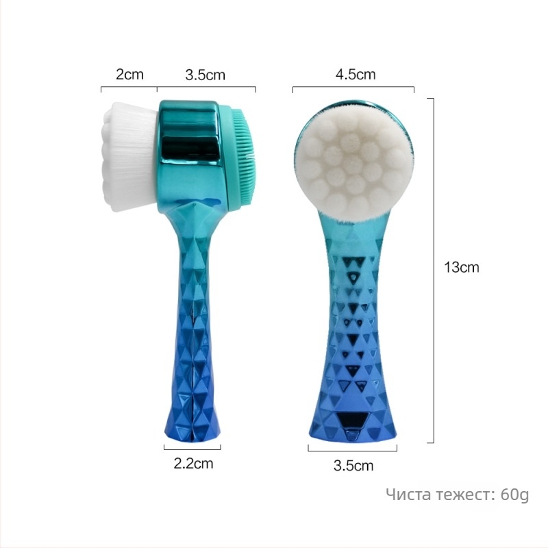 Четка за лице със силиконова глава и електроплакирана дръжка – двустранна, за почистване на порите и премахване на грим, без електричество и без вибрации, подходяща за всички типове кожа