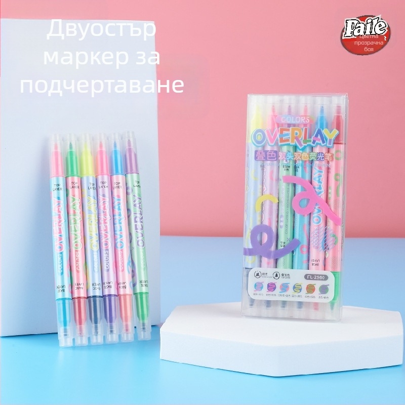 Paicai хайлайтър с двойна глава, двуцветен, голям капацитет, модел FL-2960-6, PP корпус