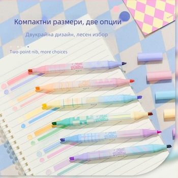 Хайлайтър с каре стил, двустранен, двуцветен, флуоресцентно мастило, пластмасов корпус