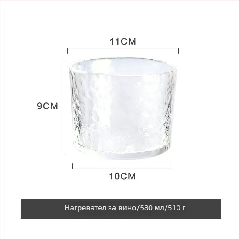 Японски стил комплект саке от прозрачно стъкло с чукана текстура и форма на орлов клюн — саке канче, четири чаши и подгряващ съд