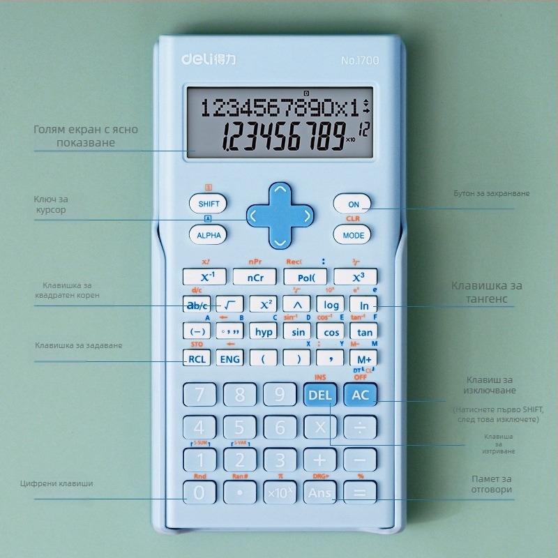 Deli 1700 калкулатор с функции, голям дисплей, 12 цифри, пластмасов корпус, захранван с бутонна батерия