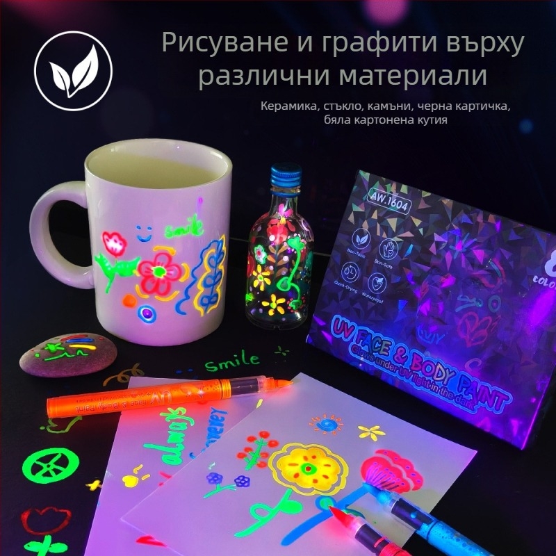 Светещ акрилен маркер със наклонен връх за деца и ученици, пластмасов корпус, модел 1604, комплект