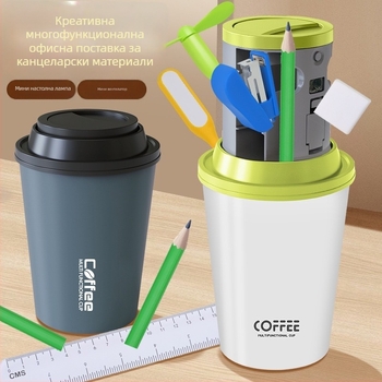 Многофункционален офисен комплект с кутия за химикалки и чаша за кафе, модел 1101, пластмасов, кръгъл, без лого