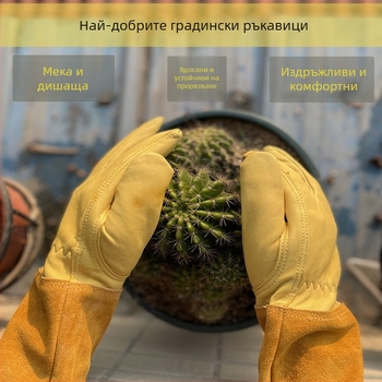 Градинарски ръкавици от овча кожа с маншет от телешка кожа — пробивоустойчиви, дълги до 44 см; многоразови, за градина, подрязване на цветя и храсти, пчеларство и заваряване