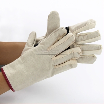 Заваръчни защитни ръкавици от удебелен канвас, длан от кожа с двоен слой, пълно подплатени, дължина около 24.5 см