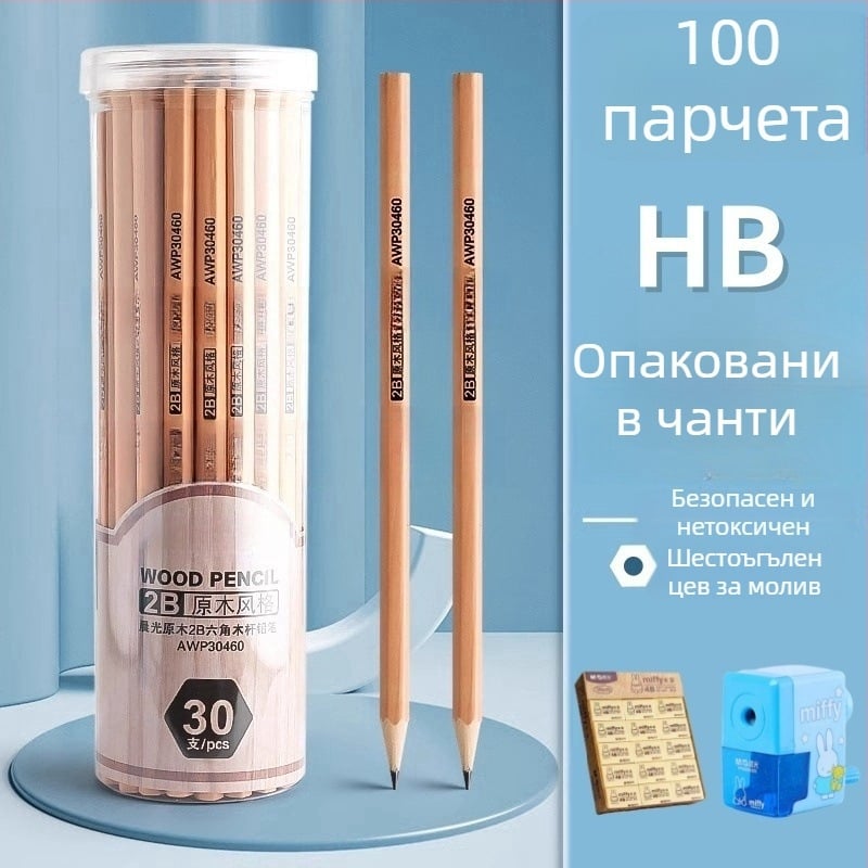 Дървен шестостенен молив за деца с 2B/HB олово — за ученици и детско рисуване