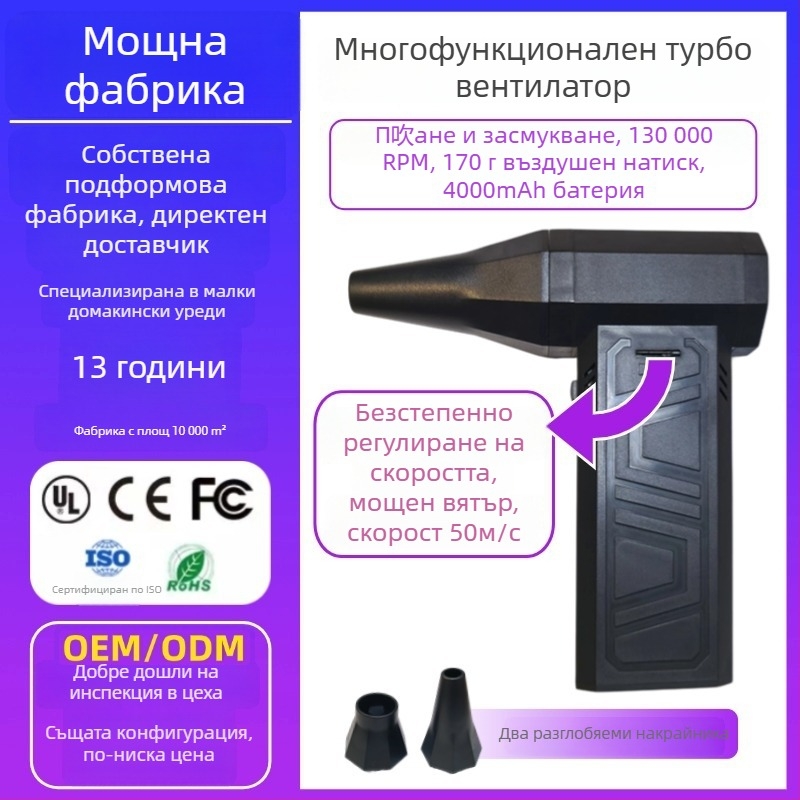 Ръчен вентилатор с безчетков мотор, 6 лопатки, вградена батерия 4000–6000 mAh, 3 скорости, шум 45–50 dB
