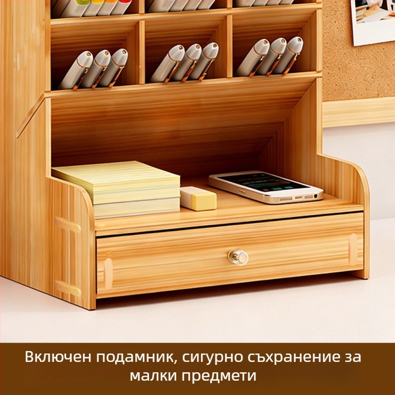 Дървен квадратен държател за моливи с множество отделения — настолен органайзер с възможност за печат на лого