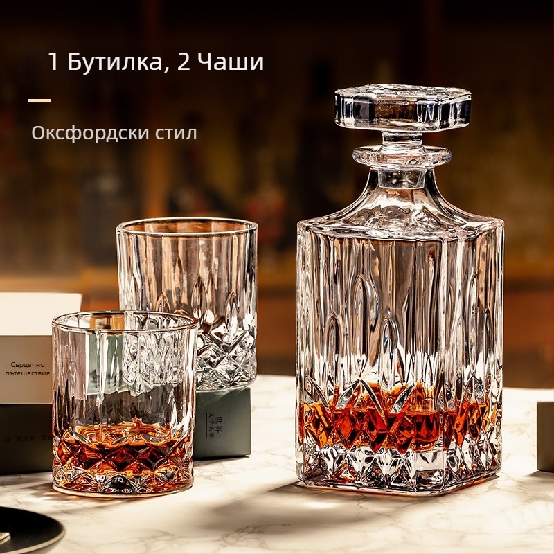 Европейски класически кристален комплект за уиски – 1 бутилка, 6 чаши, държател за чаши с мотив елен и огледален поднос