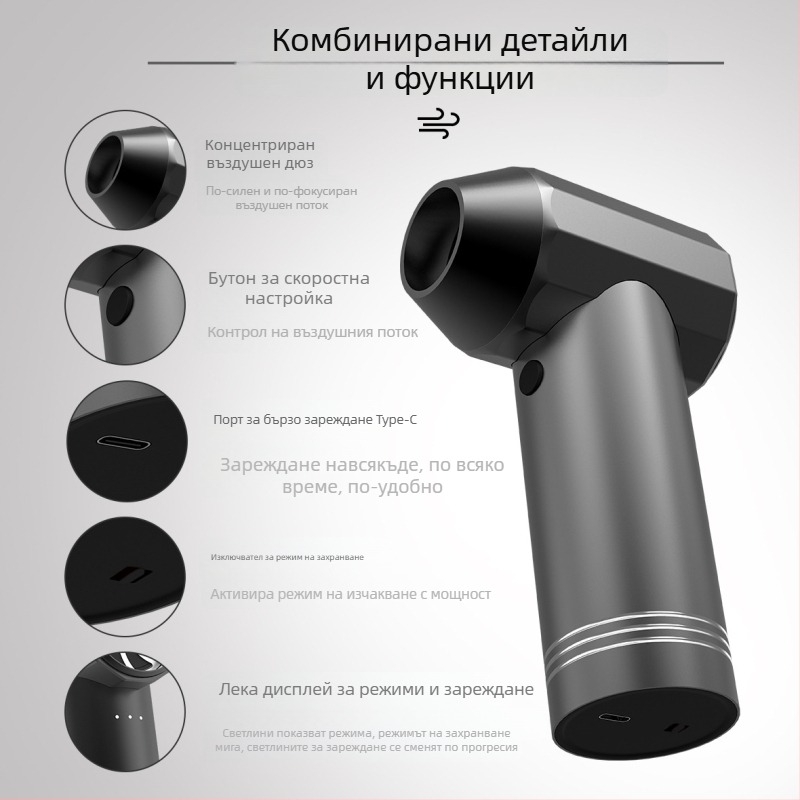 Безжичен турбо вентилатор с безчетков мотор, вградена 6000mAh батерия, 4 скорости, шум 45-50 дБ, USB зареждане
