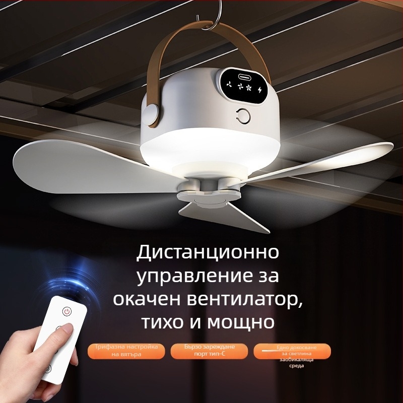 USB вентилатор с три лопатки, нощна светлина и дистанционно управление, вградена литиева батерия, ABS корпус