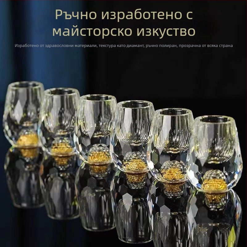 Кристална чаша за спиртни напитки – дизайн с водна капка и златно фолио, 100 ml капацитет, печатано лого, първокласно качество