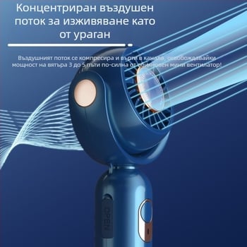 USB зареждане ръчен вентилатор, турбинен високоскоростен, компактен размер 156×64×43 мм, 5 лопати, вградена батерия, 3 скорости, нисък шум