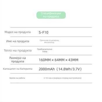 USB зареждане ръчен вентилатор, турбинен високоскоростен, компактен размер 156×64×43 мм, 5 лопати, вградена батерия, 3 скорости, нисък шум
