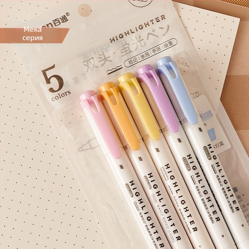 Хайлайтър маркери с двоен връх за учене – кръгъл връх, пластмасов корпус, пакет 5 бр., модел 9514