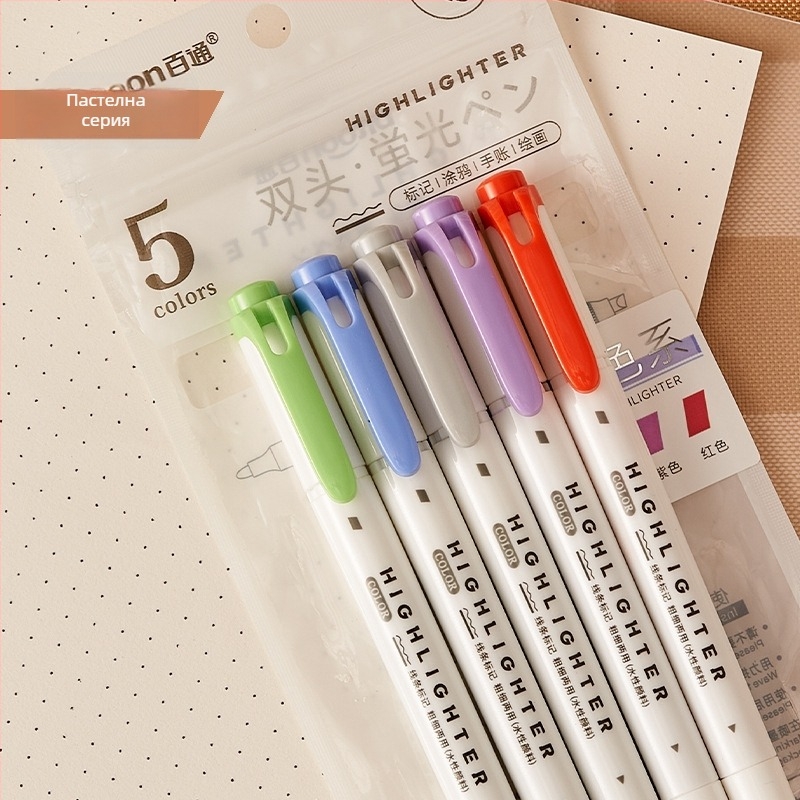 Хайлайтър маркери с двоен връх за учене – кръгъл връх, пластмасов корпус, пакет 5 бр., модел 9514