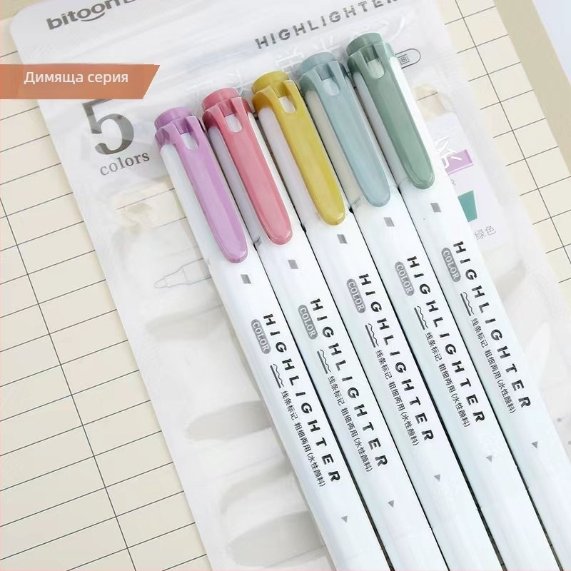 Хайлайтър маркери с двоен връх за учене – кръгъл връх, пластмасов корпус, пакет 5 бр., модел 9514