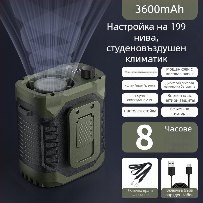 Коланен фен с клипс, 6 лопатки, безчетков мотор, вградена батерия 300–500 mAh, LED осветление, USB зареждане
