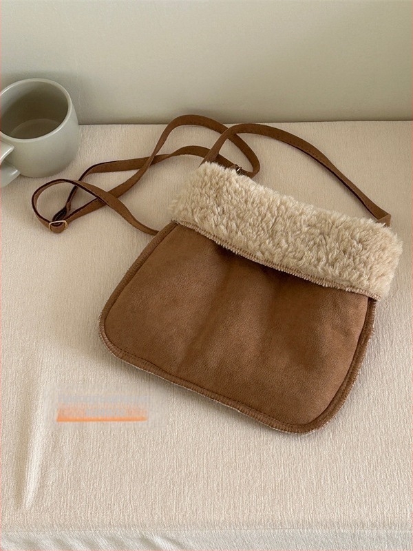 Чанта през рамо от агнешка плюш — замшена, подплата от имитационна агнешка вълна, свеж и сладък стил, за ежедневна употреба, Зимна колекция 2023
