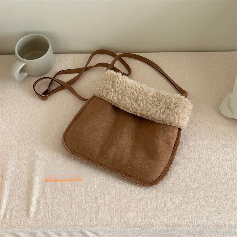 Чанта през рамо от агнешка плюш — замшена, подплата от имитационна агнешка вълна, свеж и сладък стил, за ежедневна употреба, Зимна колекция 2023