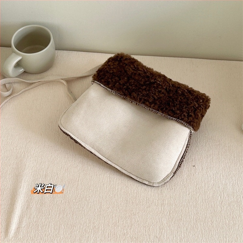 Чанта през рамо от агнешка плюш — замшена, подплата от имитационна агнешка вълна, свеж и сладък стил, за ежедневна употреба, Зимна колекция 2023
