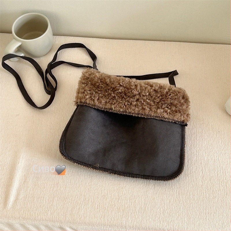 Чанта през рамо от агнешка плюш — замшена, подплата от имитационна агнешка вълна, свеж и сладък стил, за ежедневна употреба, Зимна колекция 2023