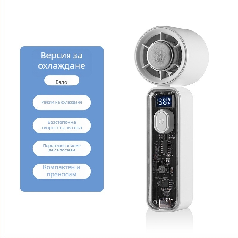 Ръчен USB презареждаем мини вентилатор с безчетков мотор, 5 лопатки, вградена литиева батерия 1200–2000 mAh, USB зарядно, безстъпково регулиране на скоростта