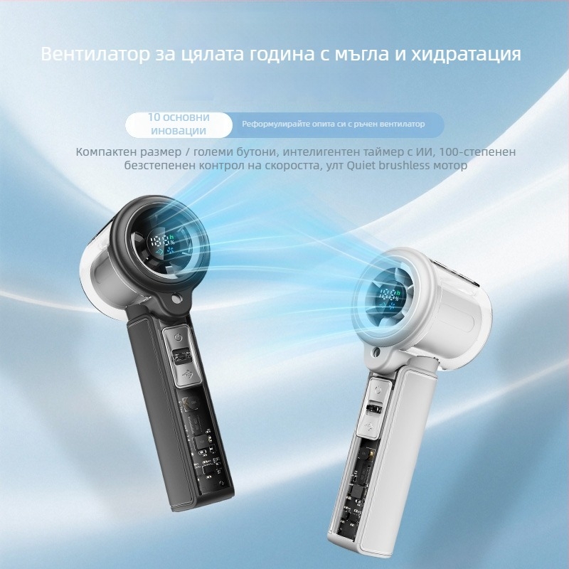 Ръчен USB мини вентилатор с вградена батерия 2000–4000mAh, 5 скорости, безчетков мотор, сгъваем и за носене около врата