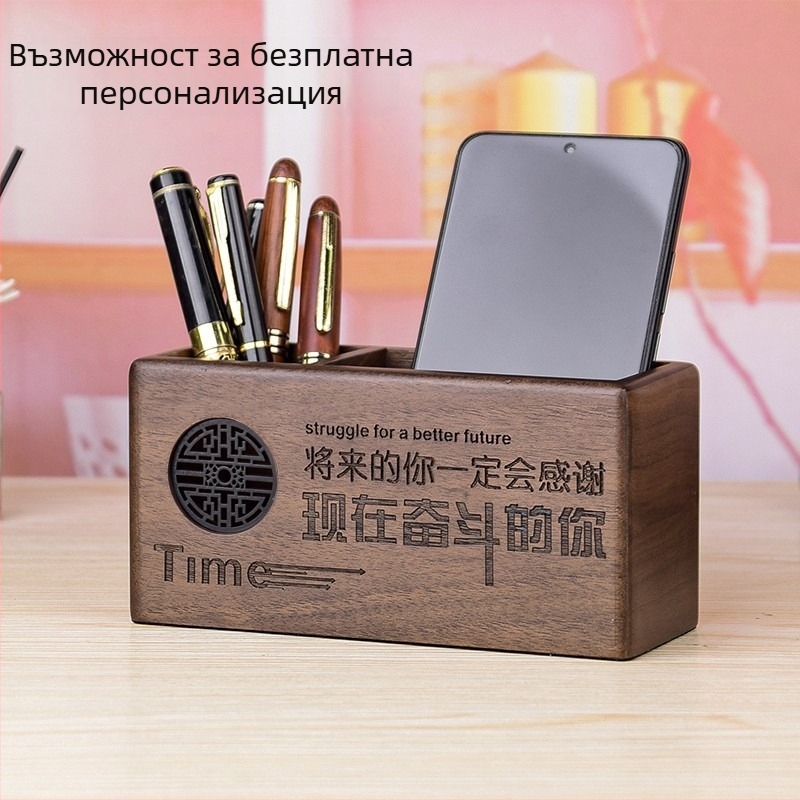 Стойка за писалки от махагон и кутия за съхранение, квадратна дървена офисна декорация с печат на лого, модел BT12