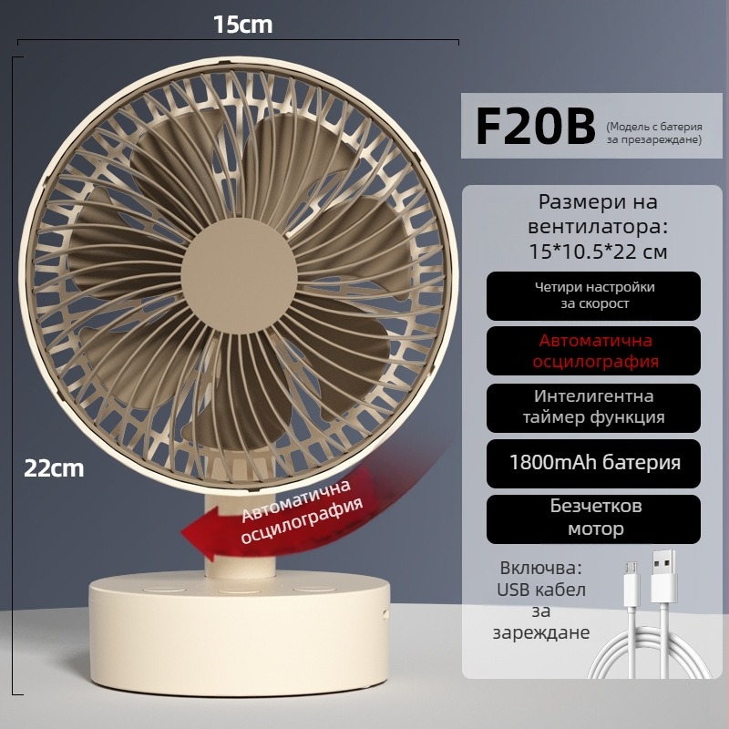 USB настолен вентилатор с 4 скорости, безчетков двигател, вградена презареждаема батерия 1200-2000 mAh, нисък шум под 36 dB, подходящ за 5–30 м²