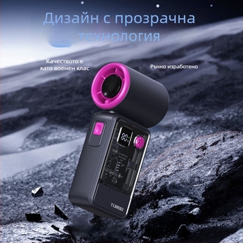 Ръчен вентилатор с безчетков мотор, ABS корпус, 5 лопатки, вградена батерия 2000-4000mAh, 5 скорости на въздушен поток, USB и безжично зареждане
