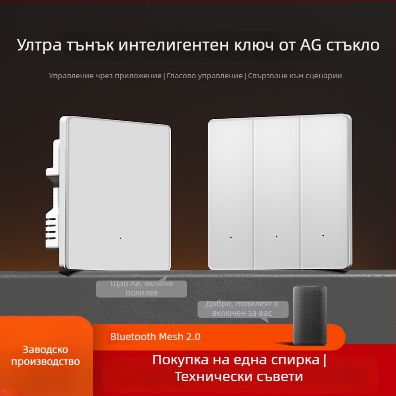 Умен панел за превключване с гласово управление и безжично двойно управление, Bluetooth Mesh 2.0, дистанционно управление чрез мобилно приложение | Напрежение 110-240 V AC • 10 A • Разстояние между монтажните отвори 60 mm • Панел: стъкло със сребрист ефект