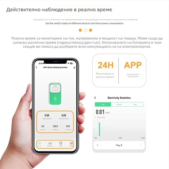 Умен прекъсвач за електрически вериги с WiFi, измерване на консумацията на енергия, защита от пренапрежение и ниско напрежение, дистанционно управление чрез мобилно приложение и таймер