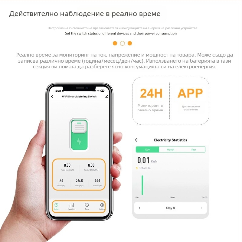 Умен прекъсвач за електрически вериги с WiFi, измерване на консумацията на енергия, защита от пренапрежение и ниско напрежение, дистанционно управление чрез мобилно приложение и таймер