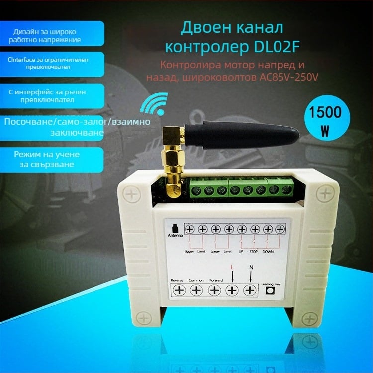 Fire Treasure Man Двоен дистанционен превключвател за мотор — 85–250V AC, 315/433 MHz, 1200W, управление напред/назад за врати и щори