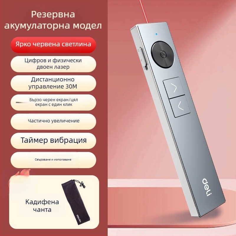 Deli 50682W Пен за превъртане на страници с PPT дистанционно, увеличителен мултифункционален лазерен указател, 200 m лазерен обхват, 650 nm дължина на вълната, презареждаща литиева батерия