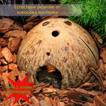 Natural coconut shell reptile cave hideout for lizards, geckos, spiders, snakes, scorpions, hamsters, centipedes and hermit crabs; material: coconut shell; purpose: reptile and small-pet habitat; imported: No