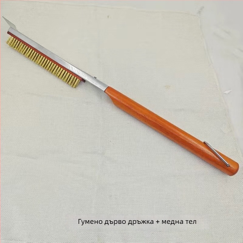 Барбекю четка за пица с медна тел и дървена дръжка за почистване на каменна пещ