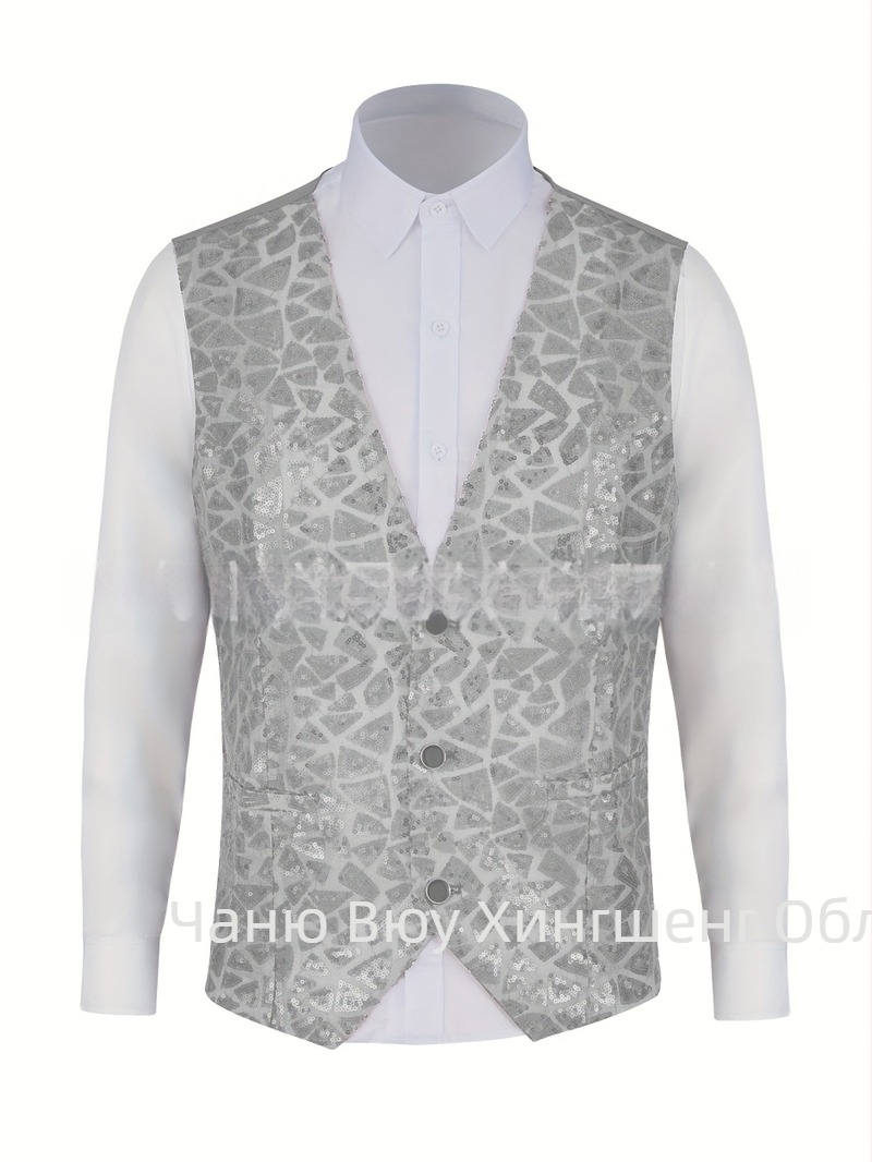Мъжко пайетено костюмно жилетка, V-образно деколте, едноредно закопчаване, полиестер, ретро стил, casual