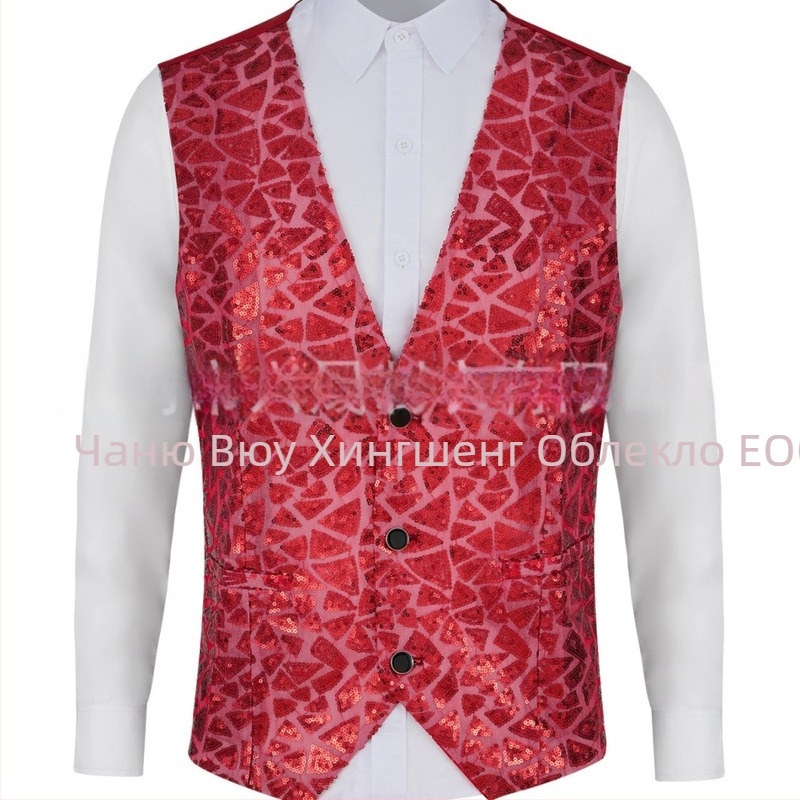 Мъжко пайетено костюмно жилетка, V-образно деколте, едноредно закопчаване, полиестер, ретро стил, casual