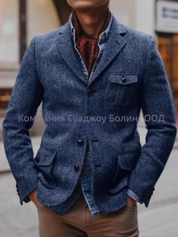 Мъжко сако за костюм, стегнат силует, ред от 4 копчета, текстура рибена кост, найлонова смес, четири сезона, лек бизнес стил