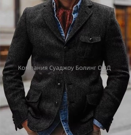 Мъжко сако за костюм, стегнат силует, ред от 4 копчета, текстура рибена кост, найлонова смес, четири сезона, лек бизнес стил