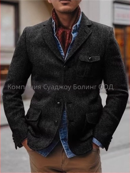 Мъжко сако за костюм, стегнат силует, ред от 4 копчета, текстура рибена кост, найлонова смес, четири сезона, лек бизнес стил