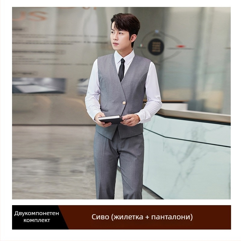 Slim-fit жилетка с V-образно деколте, едностранно закопчаване, смес вискоза-полиестер за работно облекло през всички сезони