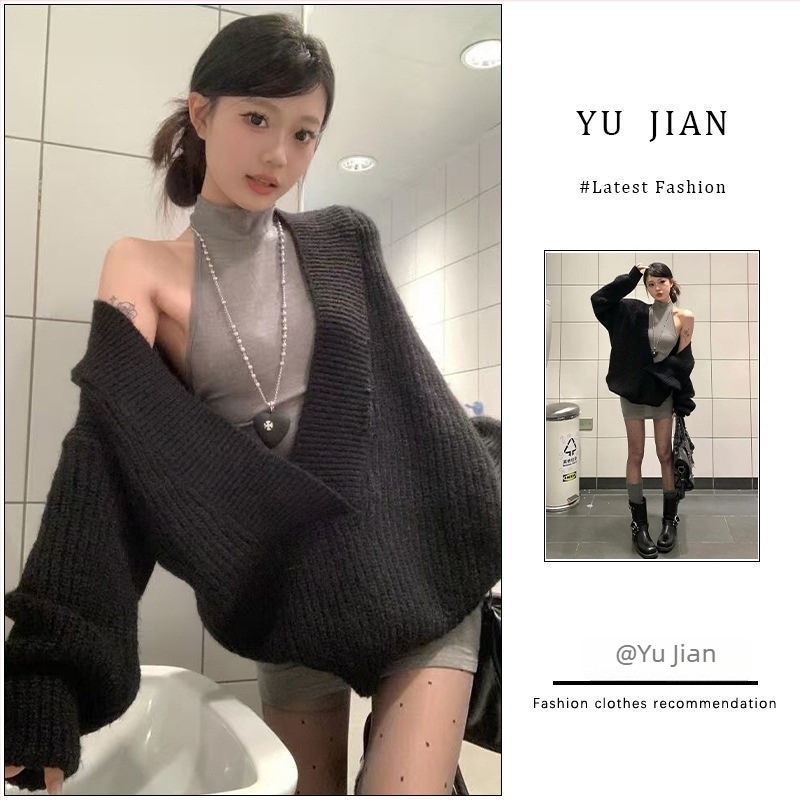 Дамски комплект от плетиво: пуловер с V-образно деколте, свободна плетена блуза, тънък жилет, рокля с дълги ръкави — ретро небрежен стил