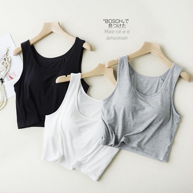 Modal женски къс потник с подплънки за бюст и вграден сутиен, тънък силует, презрамки неподвижни, къса дължина, еластичен плат от вискоза-модал със спандекс