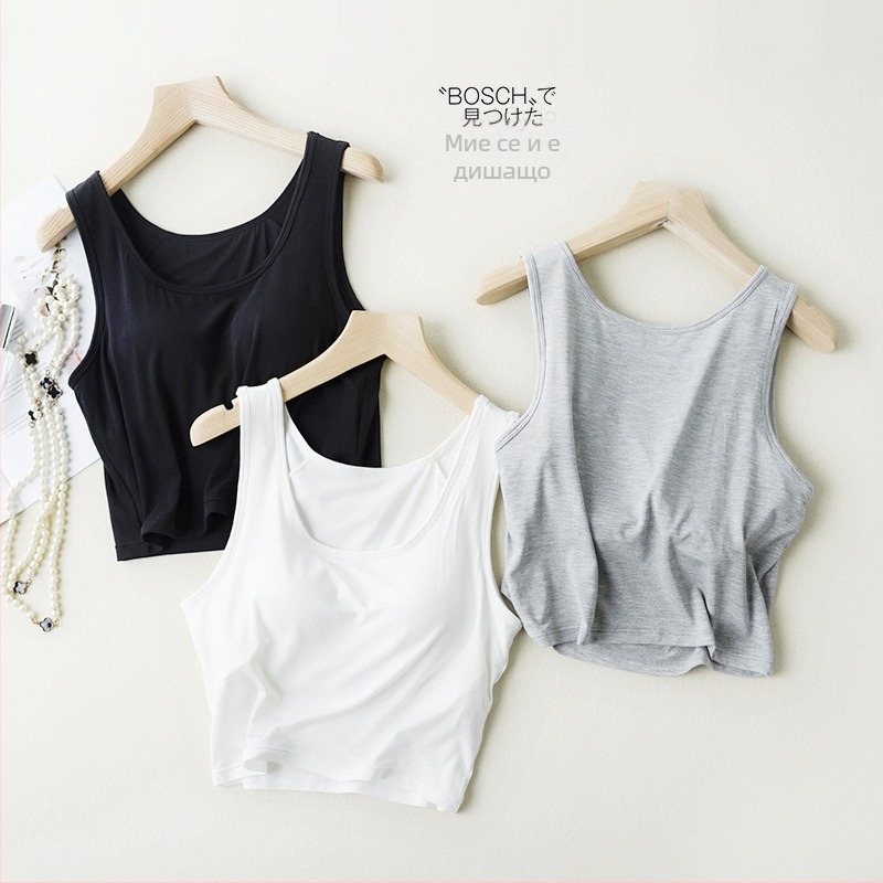 Modal женски къс потник с подплънки за бюст и вграден сутиен, тънък силует, презрамки неподвижни, къса дължина, еластичен плат от вискоза-модал със спандекс