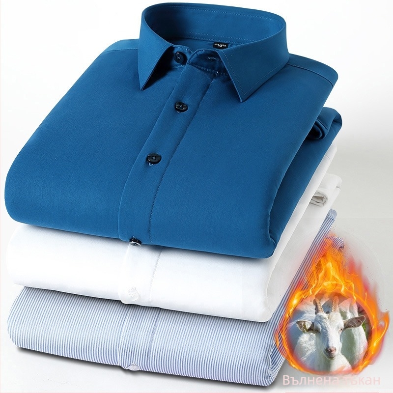 Мъжка риза от бамбукови влакна, подплатена с флис, зимна дебелина, дълги ръкави, квадратна яка